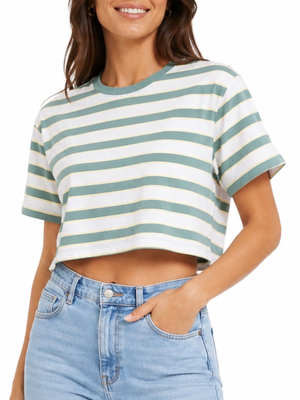 Forever 21 Striped Crop Tee Shirt Sage Green  White Yellow Horizontal Women’s S